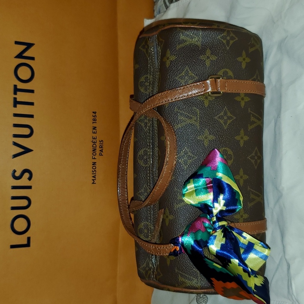 Louis Vuitton Brown Monogram Barrel Bag with Multicolor Silk Scarf Accent - Picture 8 of 8